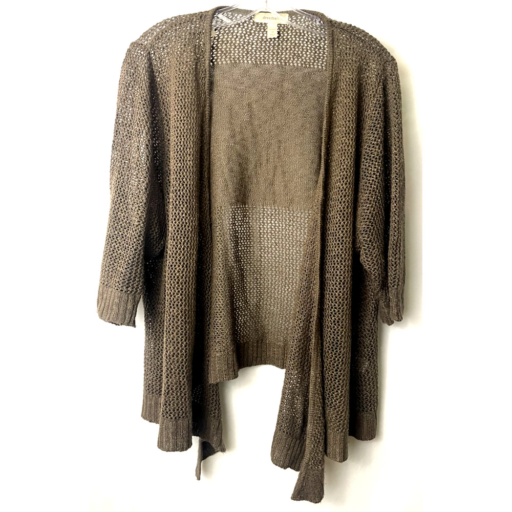 Dressbarn Lace Crochet Croppe 3/4Sleeve Plus Sz 3X Cardigan Brown Open-front Hem